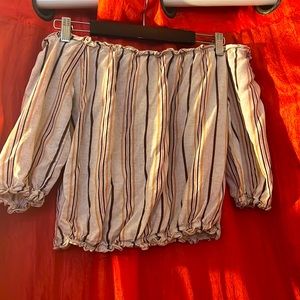 Off shoulder Orange Burgundy tan stripes shirt stretchy band on bottom